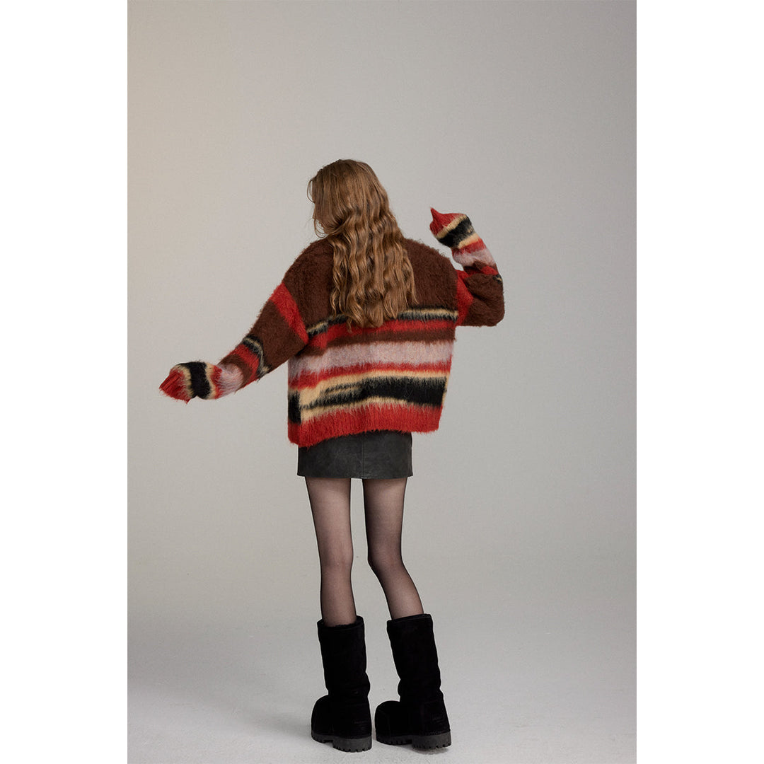 Via Pitti Pulled Fur Colored Striped Knit Cardigan Brown