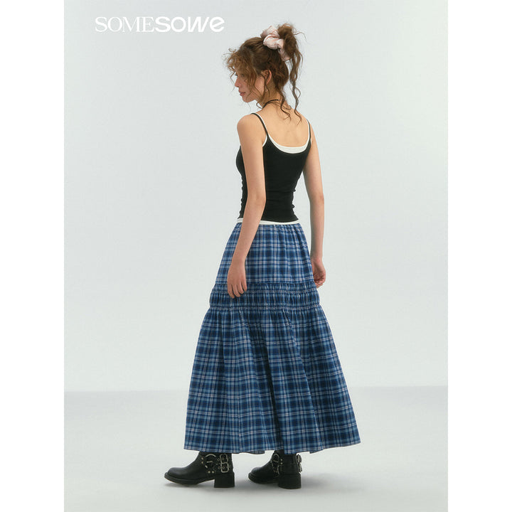 SomeSowe Lace Edge Plaid Drawstring Long Skirt Blue