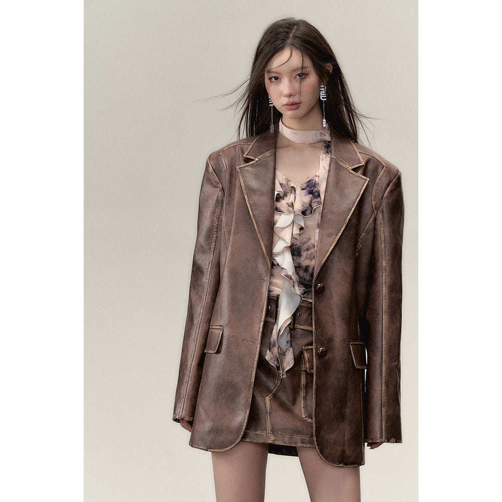 Via Pitti Distressed Heavy Washed Leather Jacket Brown - Mores Studio