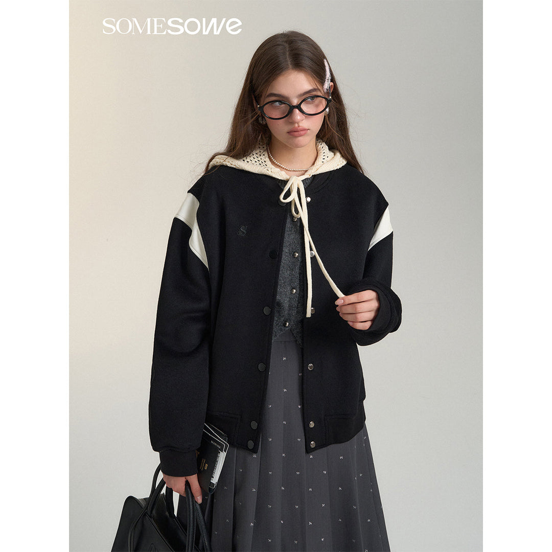 SomeSowe Leather Patchwork Woolen Jacket Black