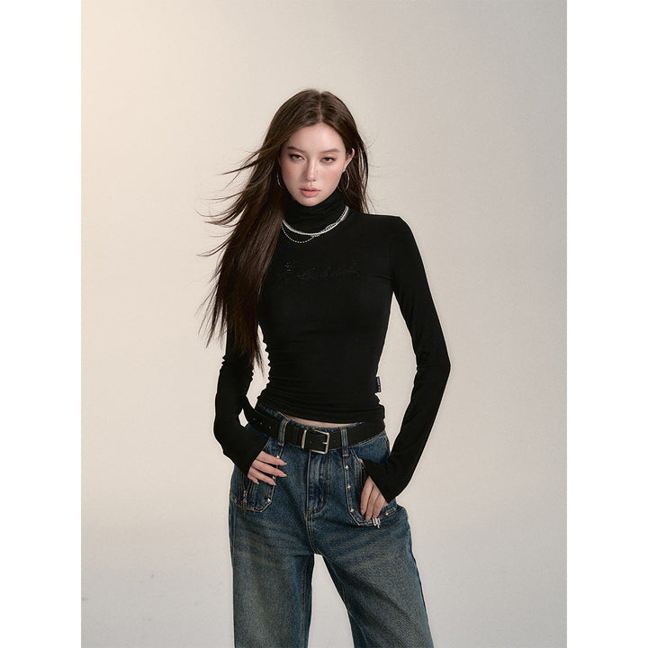 Via Pitti Logo Embroidery Pearl High Collar Slim Top Black