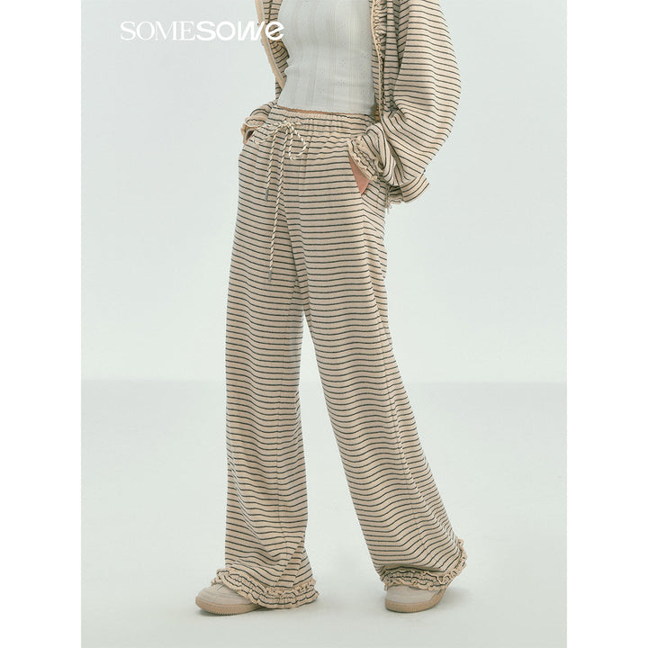 SomeSowe Soft Striped Ruffled Casual Pants White