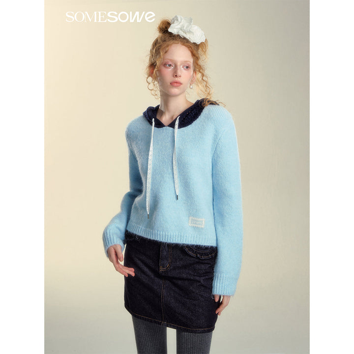 SomeSowe Hollow Out Hooded Knit Sweater Light Blue