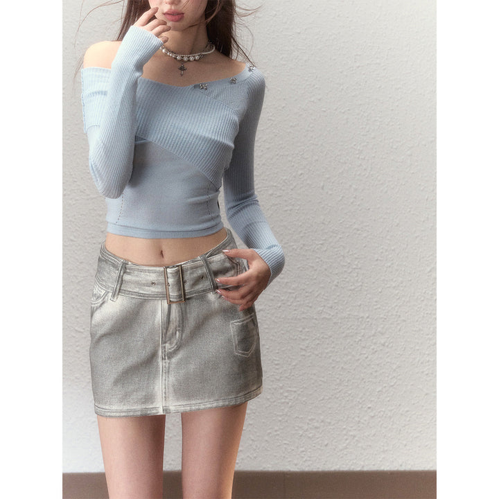 Via Pitti Bow-Knot Pin Off Shoulder Knit Top Blue