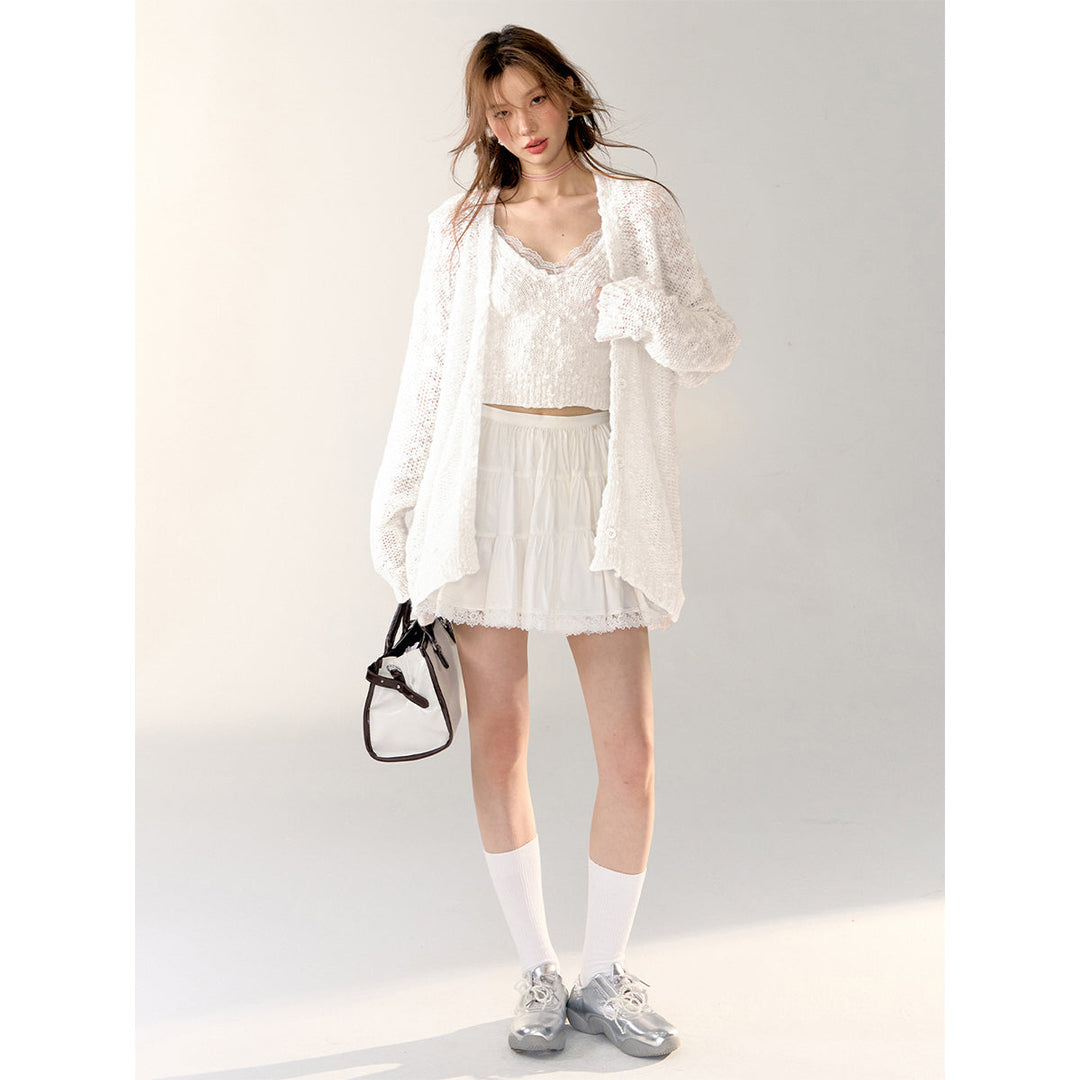 AsGony Lace Patchwork Knit Slip Vest White