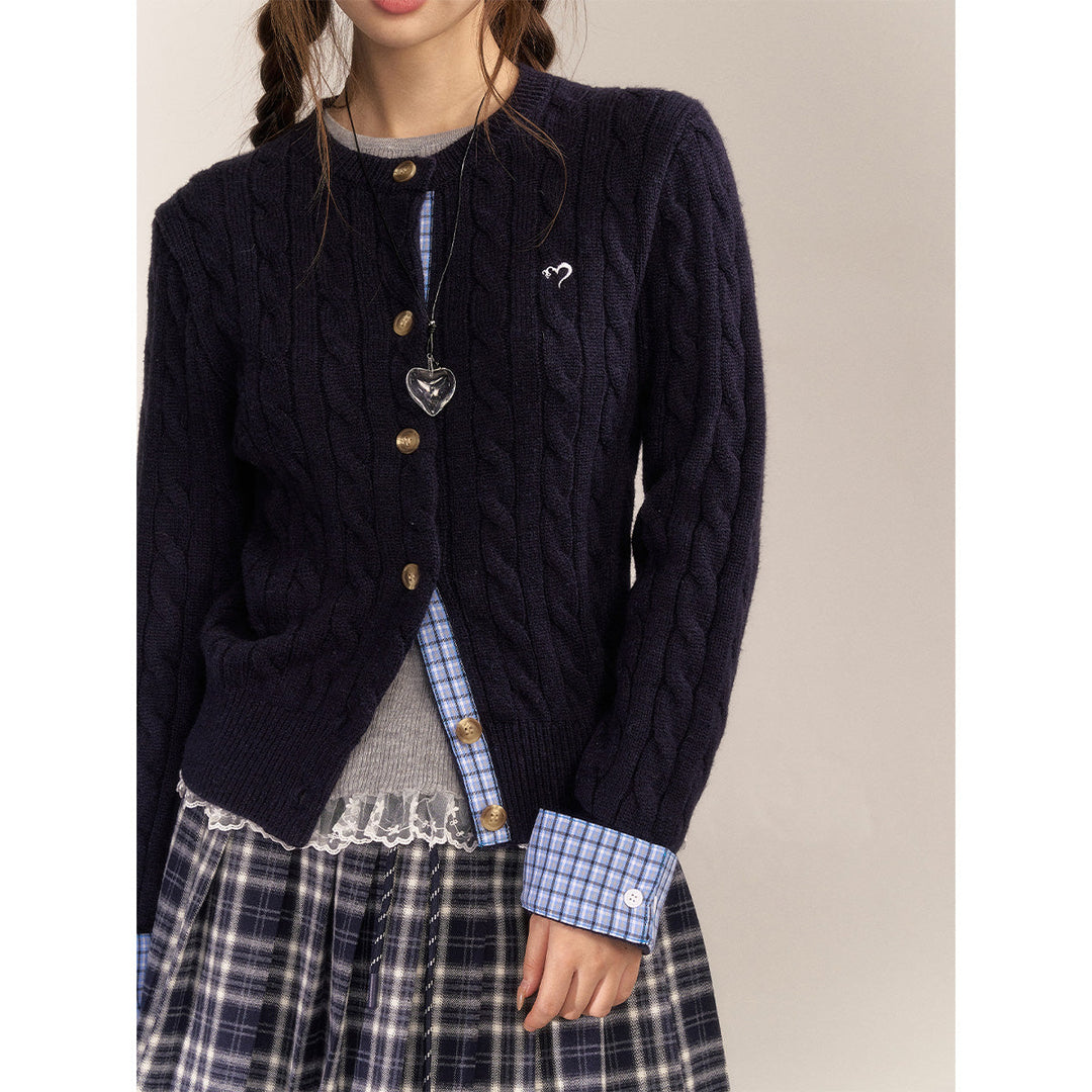 AsGony Blended Woolen Plaid Patchwork Knit Cardigan Navy Blue