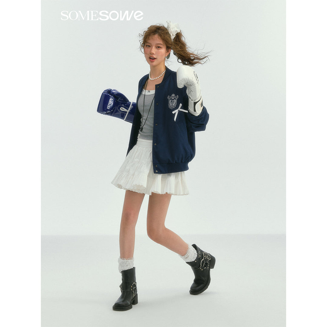 SomeSowe Bow Badge Casual Baseball Jacket Navy Blue