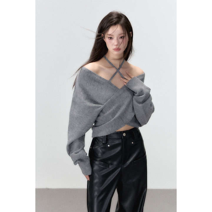 Via Pitti Halter Straps Crossed Knit Top Grey - Mores Studio