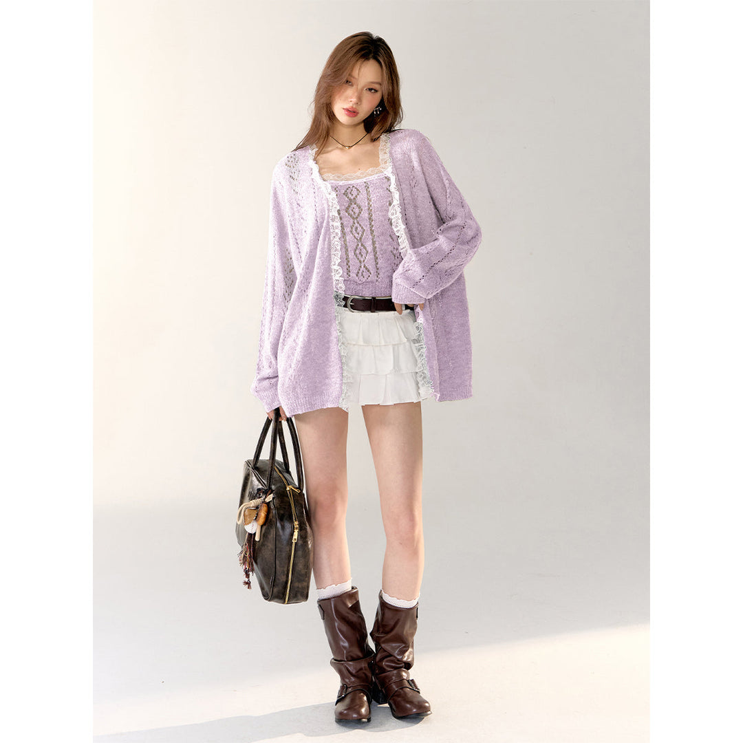 AsGony Lace Edge Hollow Cutting Knit Slip Vest Purple