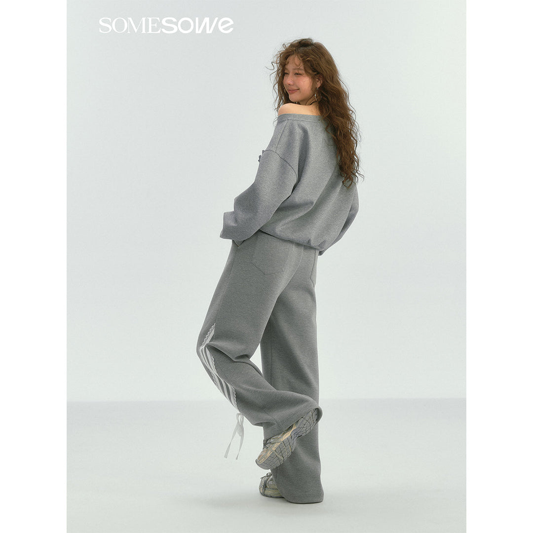 SomeSowe Lace Patchwork Bow Casual Pants Gray