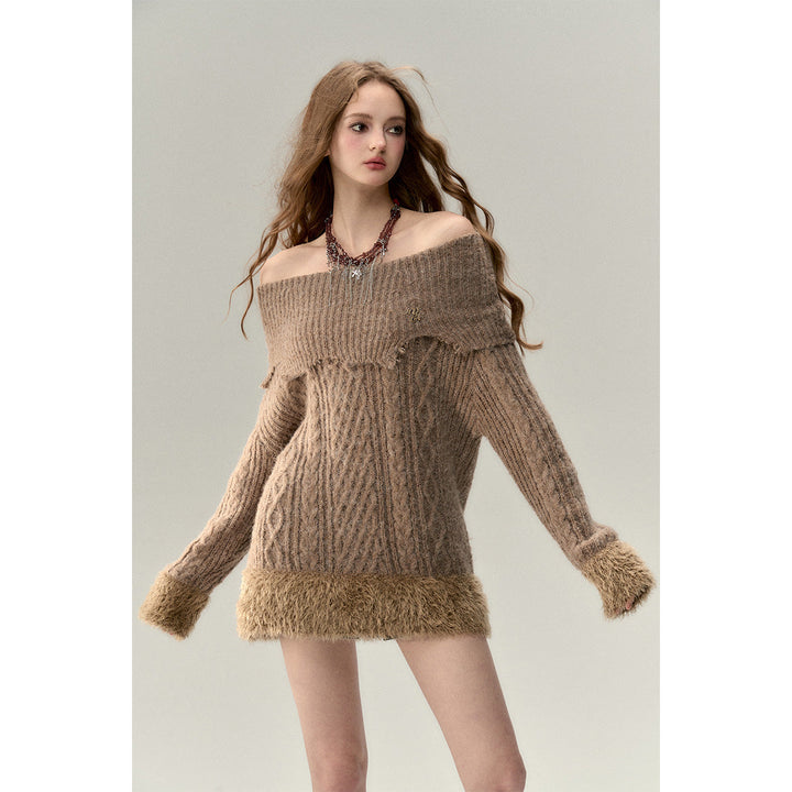 Via Pitti Destroy Cutting Off-Shoulder Knit Sweater Dress Khaki - Mores Studio