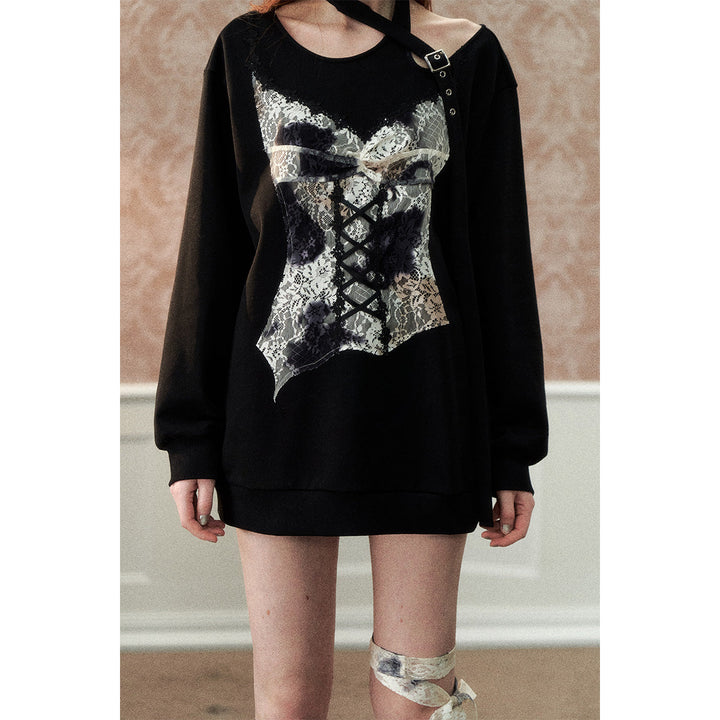 Via Pitti Special Lace Patchwork Off Shoulder Sweater Black - Mores Studio