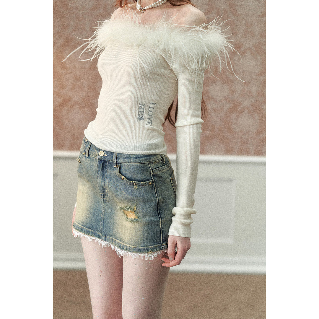 Via Pitti Detachable Ostrich Feather Knit Top White - Mores Studio