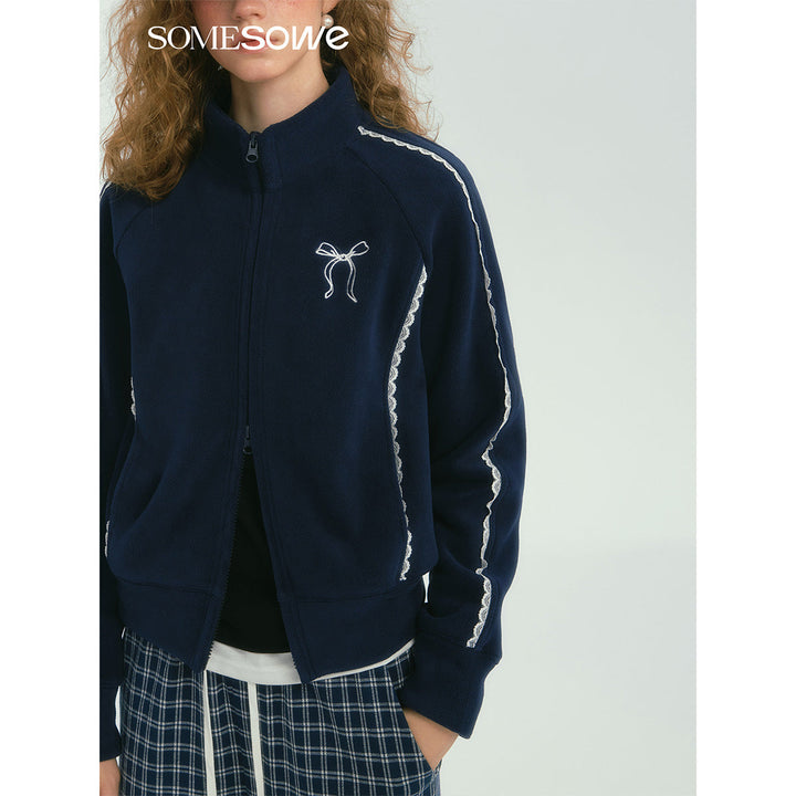 SomeSowe Lace Patchwork Fleece Jacket Navy Blue