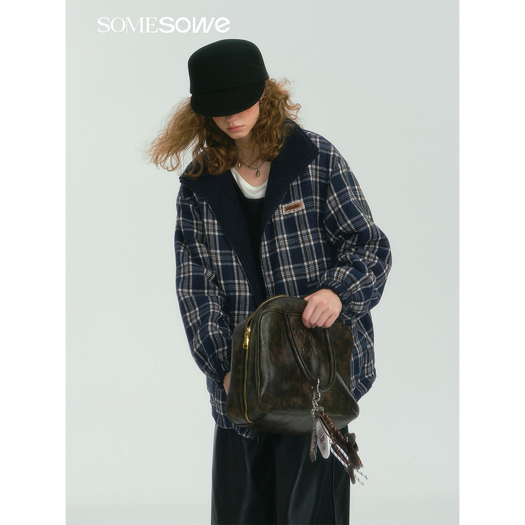 SomeSowe Reversible Plaid Fleece Jacket Navy Blue