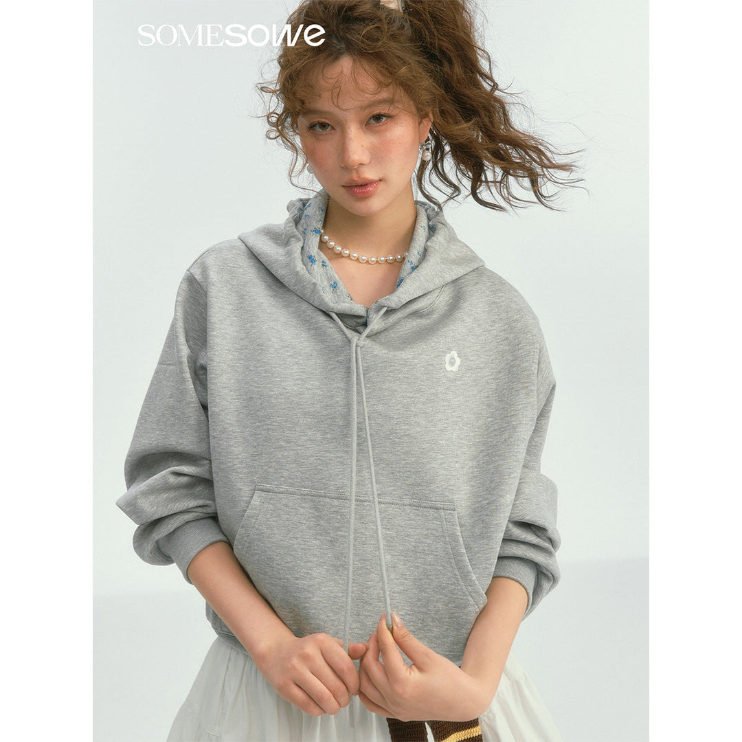 SomeSowe Contrast Color Floral Hoodie Gray