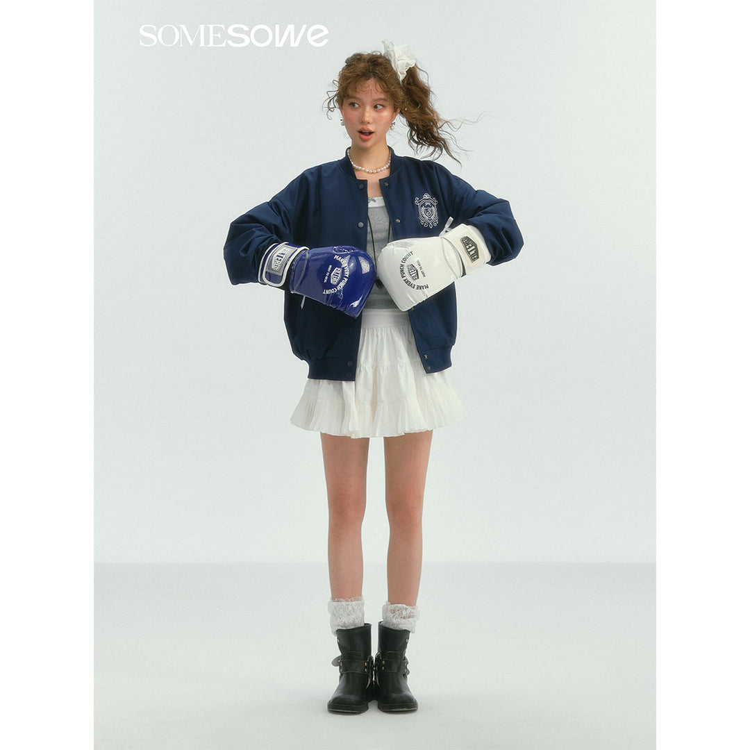 SomeSowe Bow Badge Casual Baseball Jacket Navy Blue