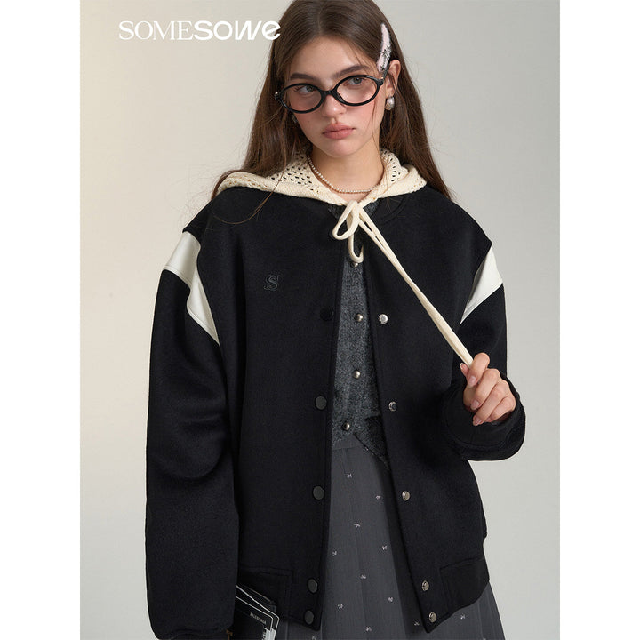 SomeSowe Leather Patchwork Woolen Jacket Black