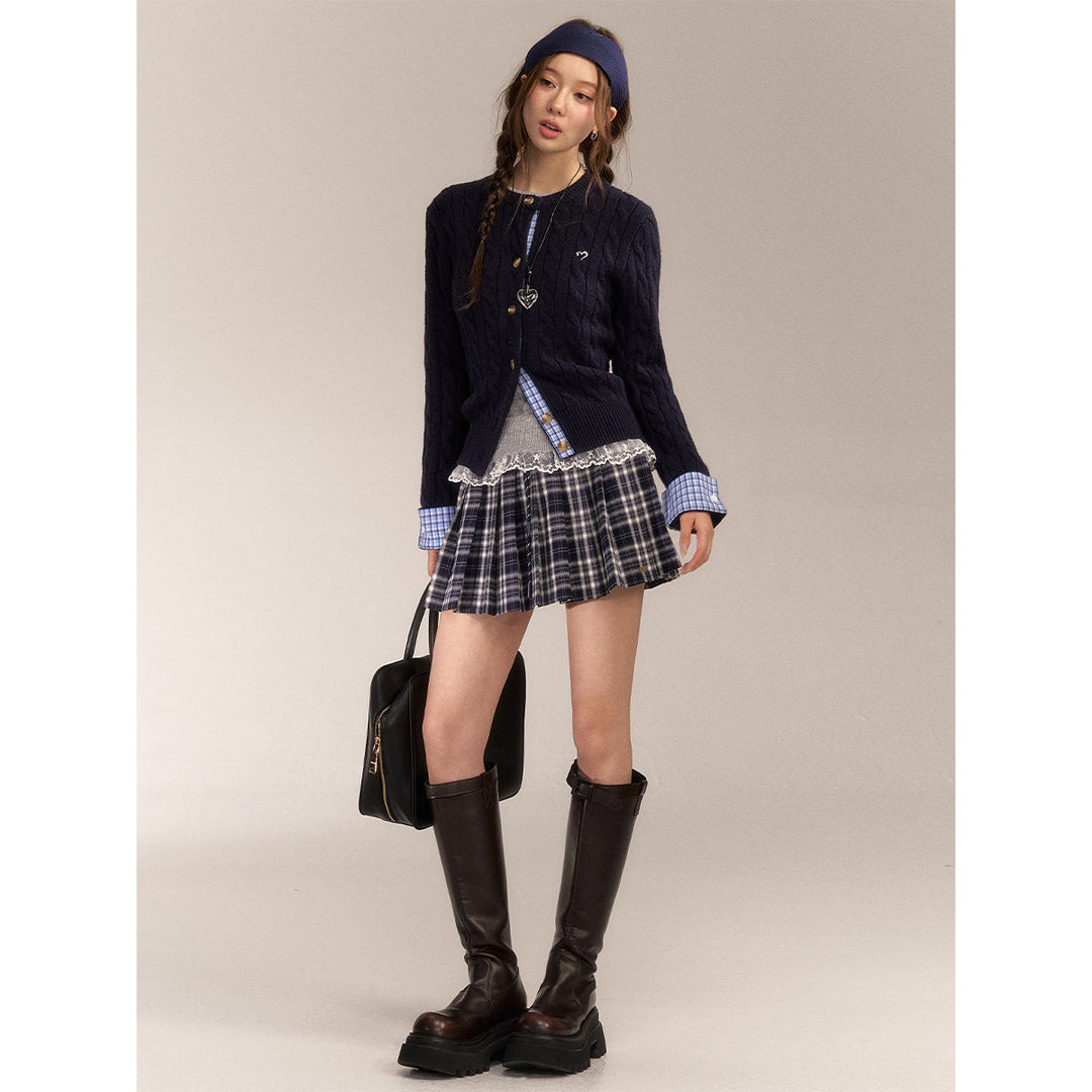 AsGony Blended Woolen Plaid Patchwork Knit Cardigan Navy Blue