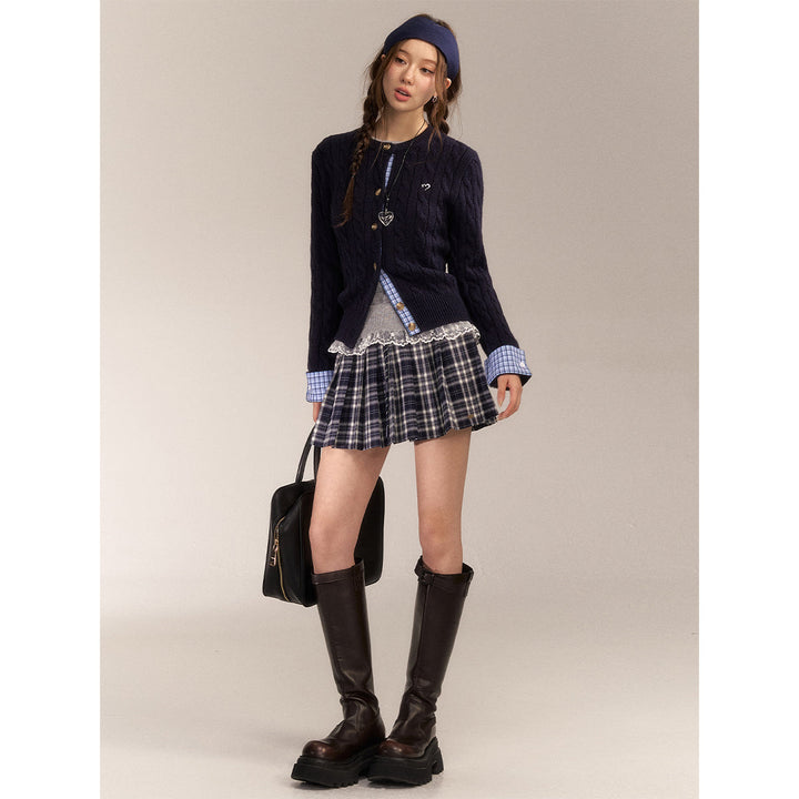 AsGony Blended Woolen Plaid Patchwork Knit Cardigan Navy Blue