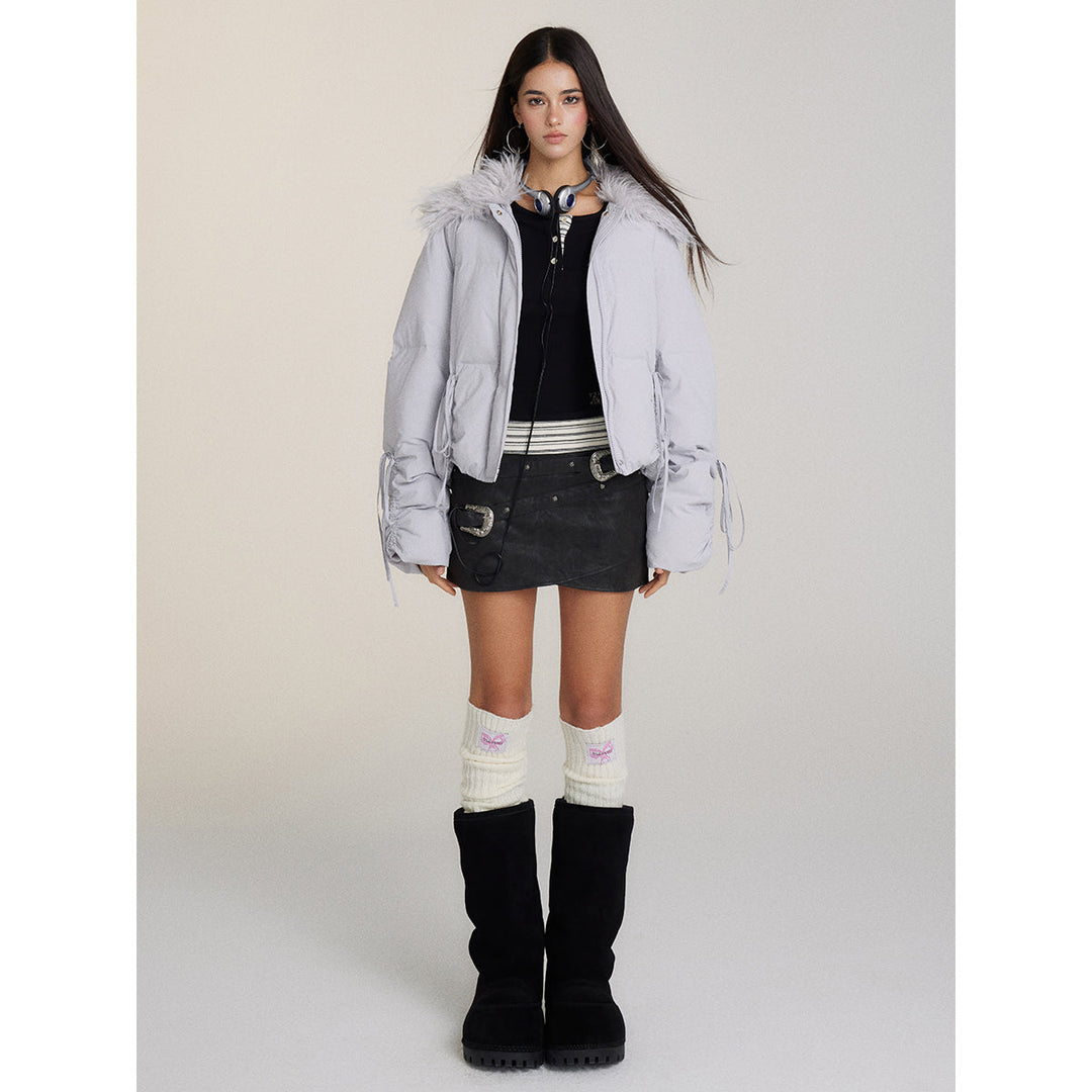 Via Pitti Bow Drawstring Fur Collar Down Jacket Light Gray