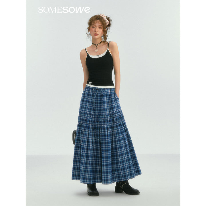 SomeSowe Lace Edge Plaid Drawstring Long Skirt Blue