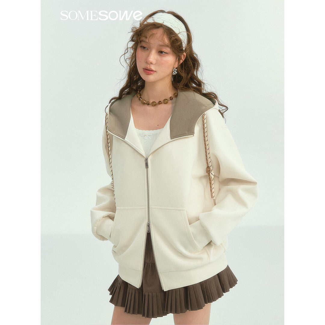 SomeSowe Contrast Color Drawstring Zip Up Hoodie Beige