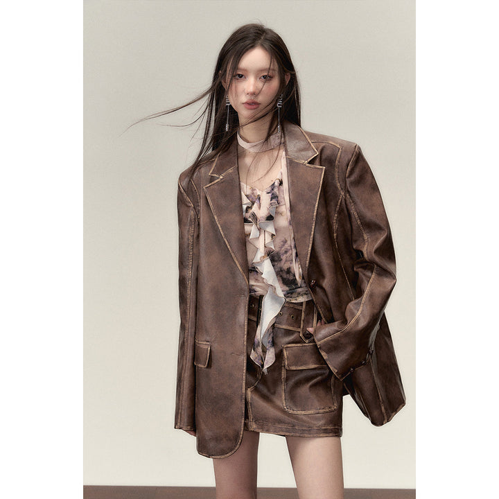 Via Pitti Distressed Heavy Washed Leather Jacket Brown - Mores Studio