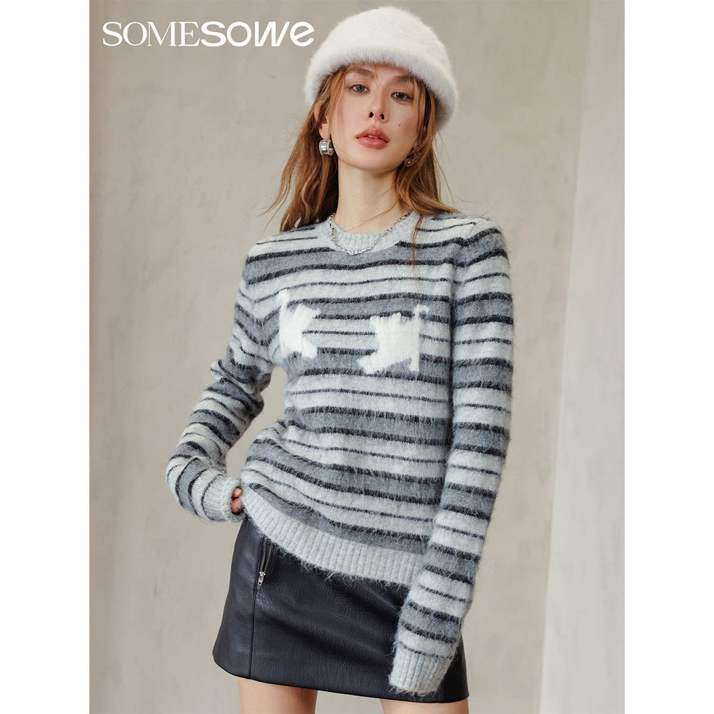 SomeSowe Cat Striped Round-Neck Knit Sweater - Mores Studio