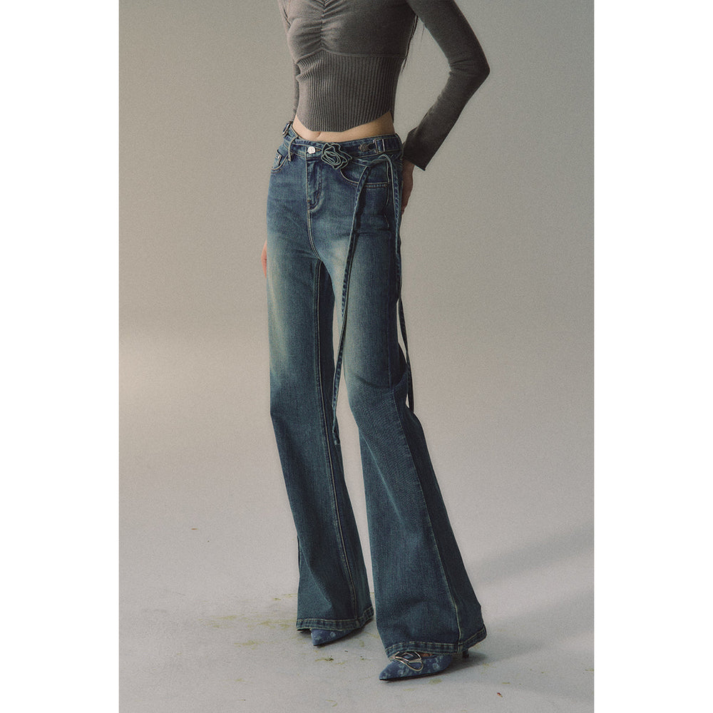 Via Pitti Rose Belt Flare Jeans Blue - Mores Studio