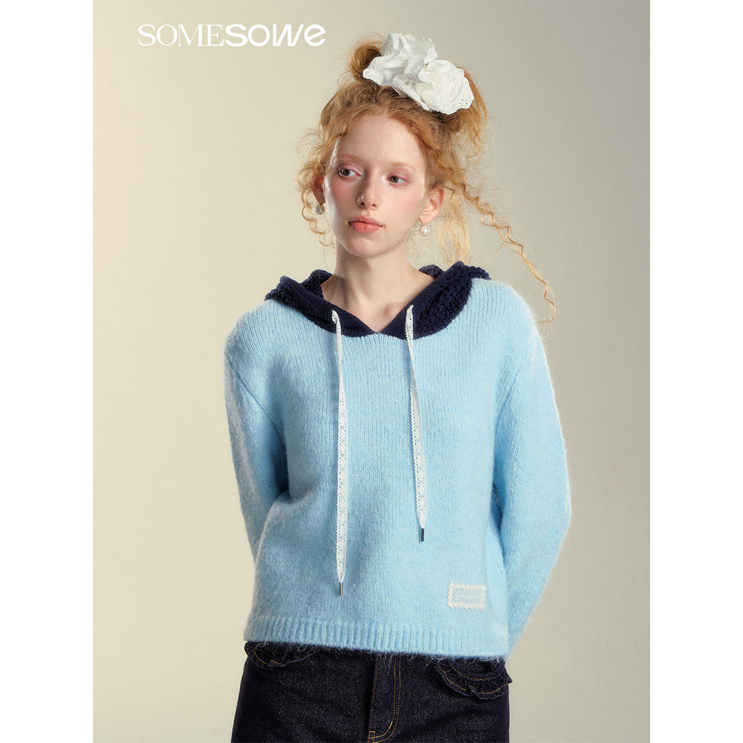 SomeSowe Hollow Out Hooded Knit Sweater Light Blue