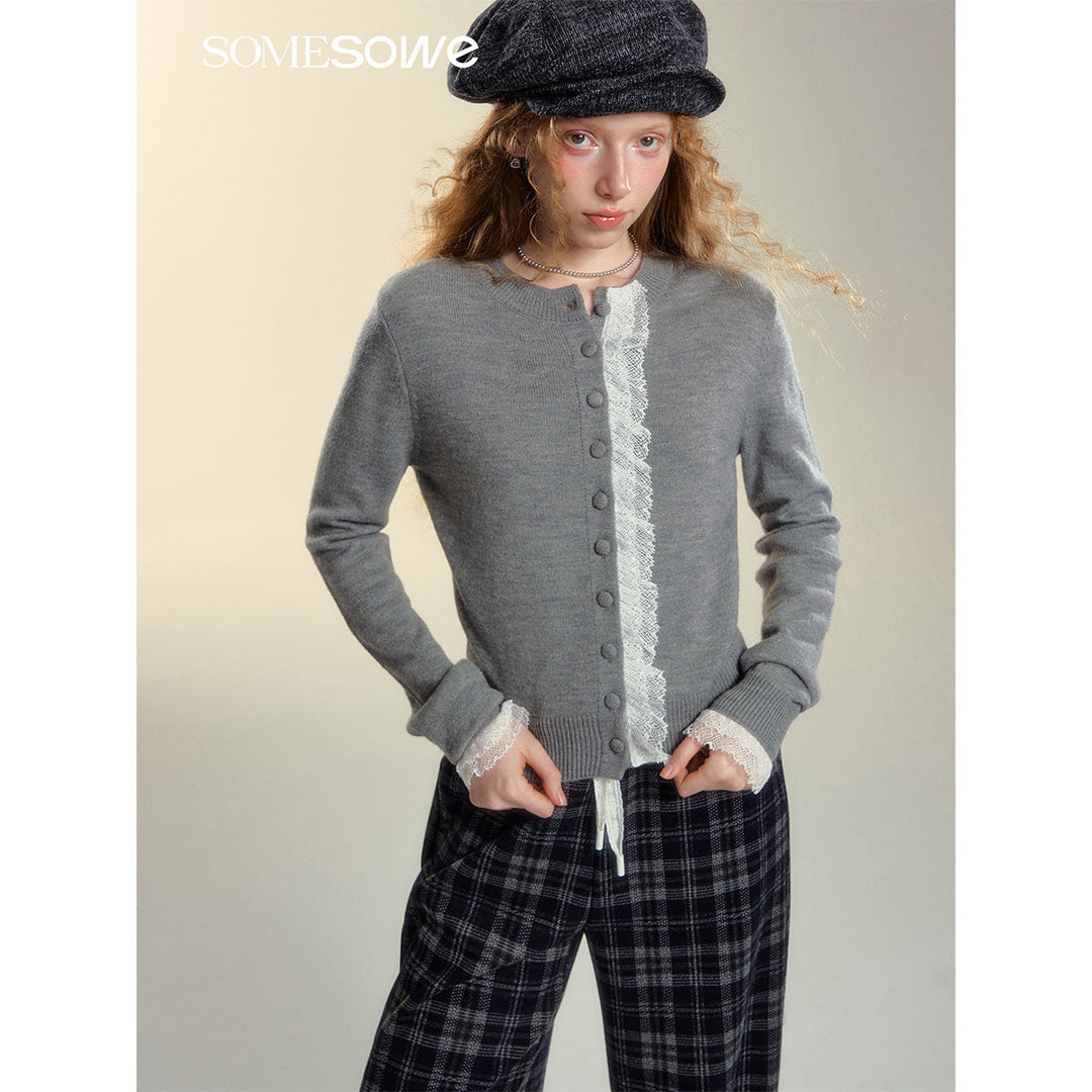 SomeSowe Lace Edge Round-Neck Knit Cardigan Gray