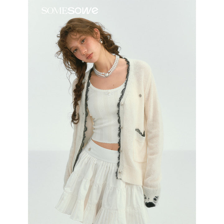 SomeSowe Color Blocked Lace Edge Knit Cardigan White