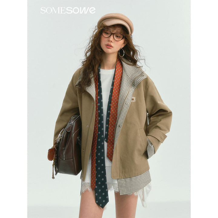 SomeSowe Plaid Patchwork Stand Collar Jacket Khaki