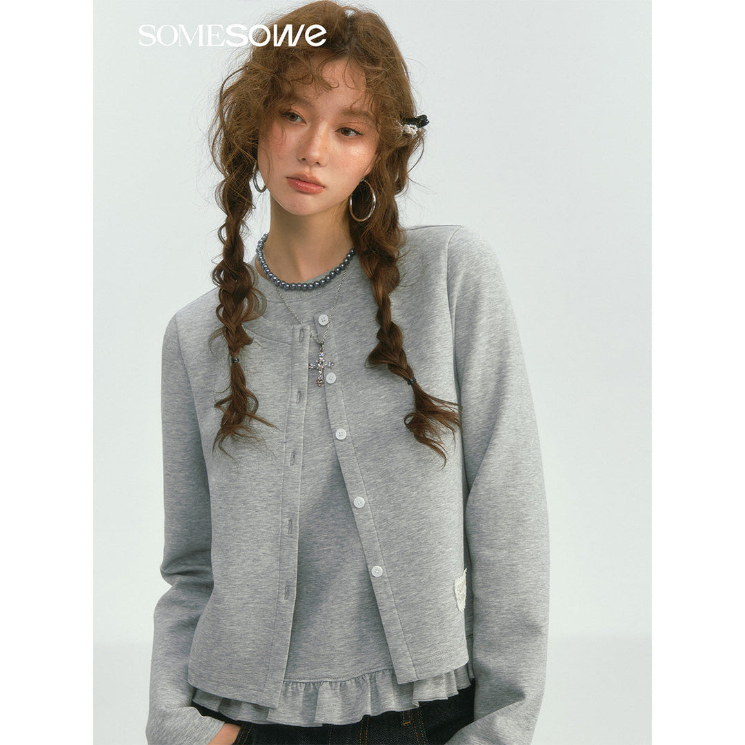 SomeSowe Fake-2-Piece Ruffled Round-Neck Top Gray