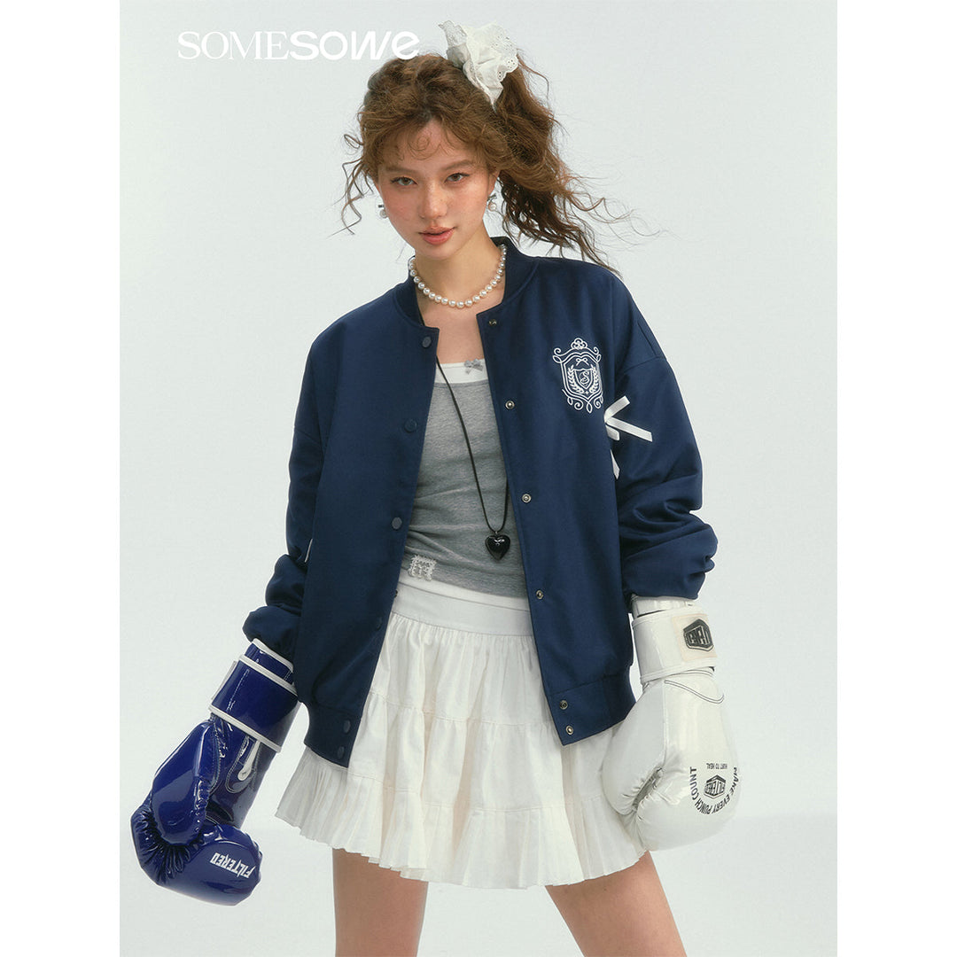 SomeSowe Bow Badge Casual Baseball Jacket Navy Blue