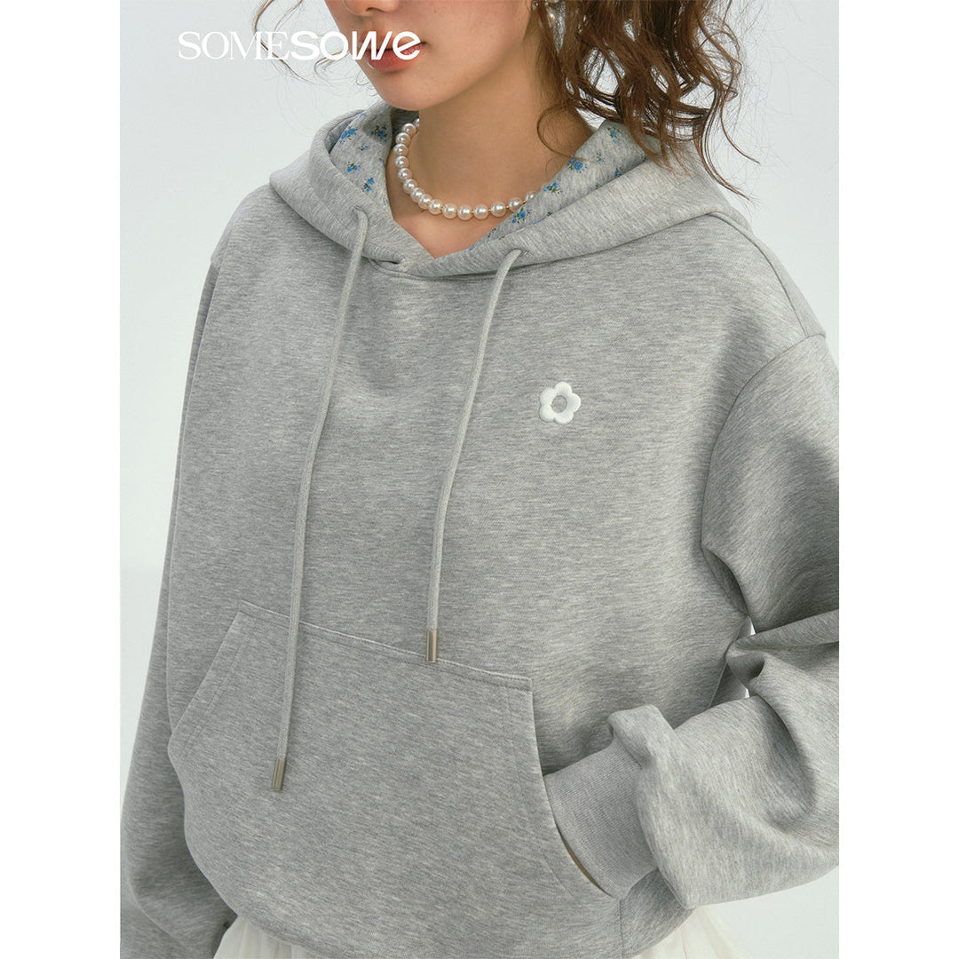 SomeSowe Contrast Color Floral Hoodie Gray