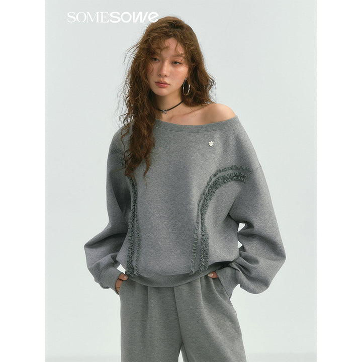 SomeSowe Lace Edge Boat Neck Casual Sweatshirt Gray