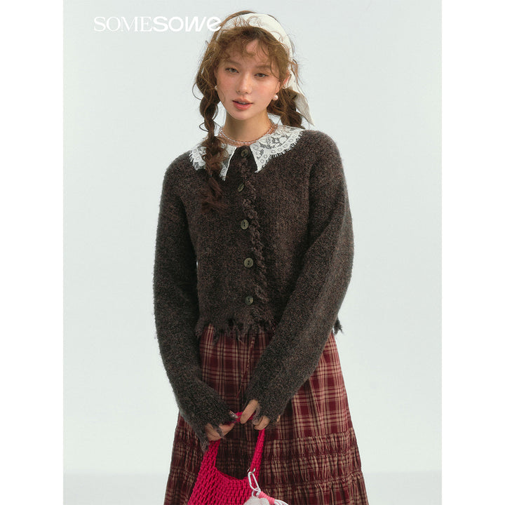 SomeSowe Lace Doll Collar Destroyed Cardigan Dark Brown