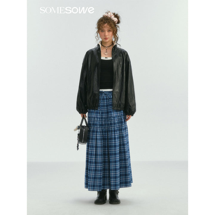 SomeSowe Lace Edge Plaid Drawstring Long Skirt Blue