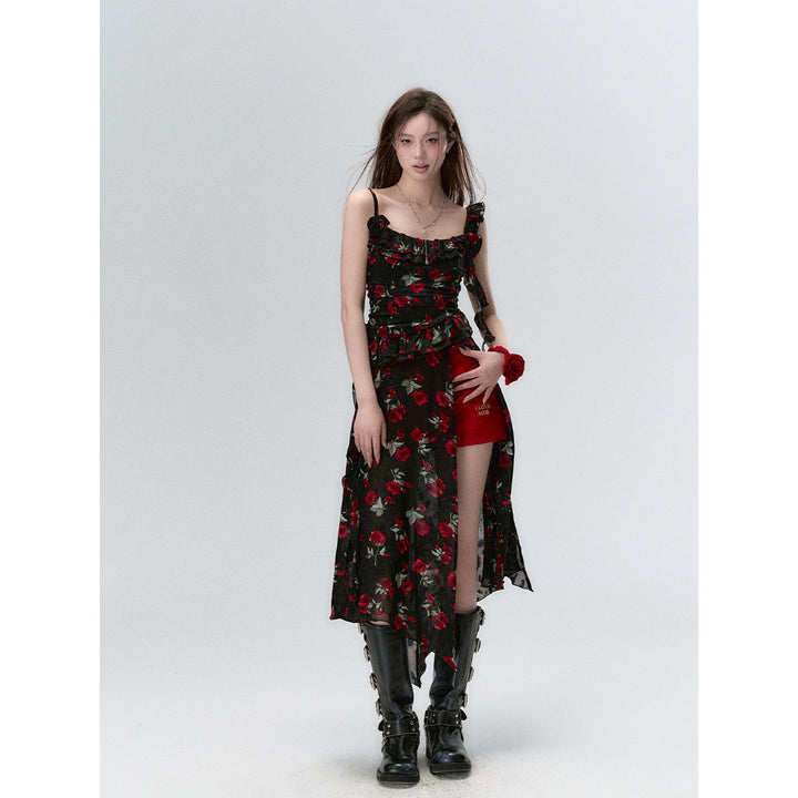 Via Pitti Detachable Two-Piece Floral Midi Dress Black