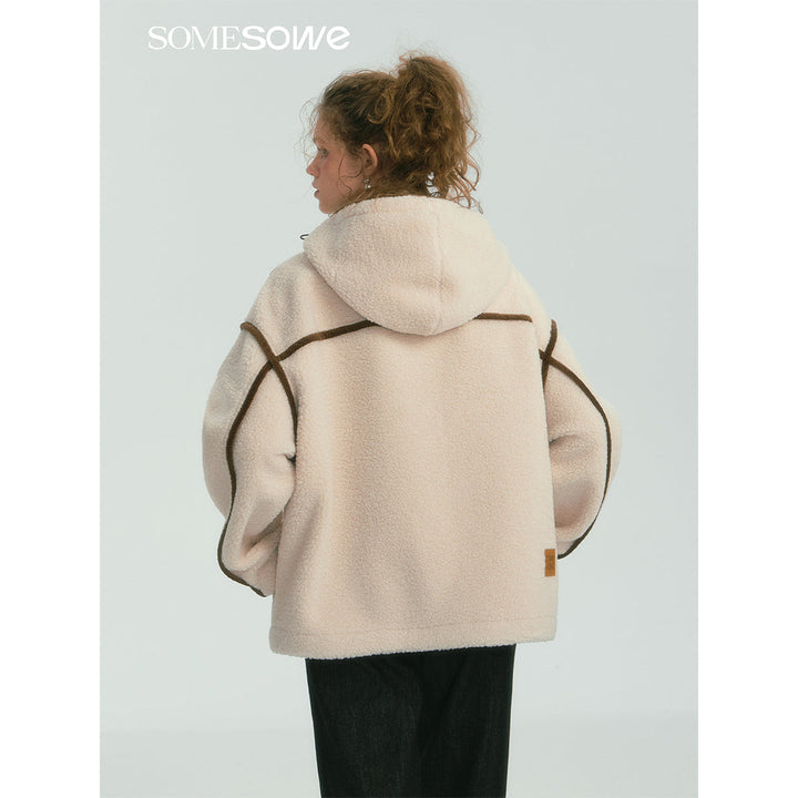 SomeSowe Contrast Color Edge Fleece Hooded Jacket Beige