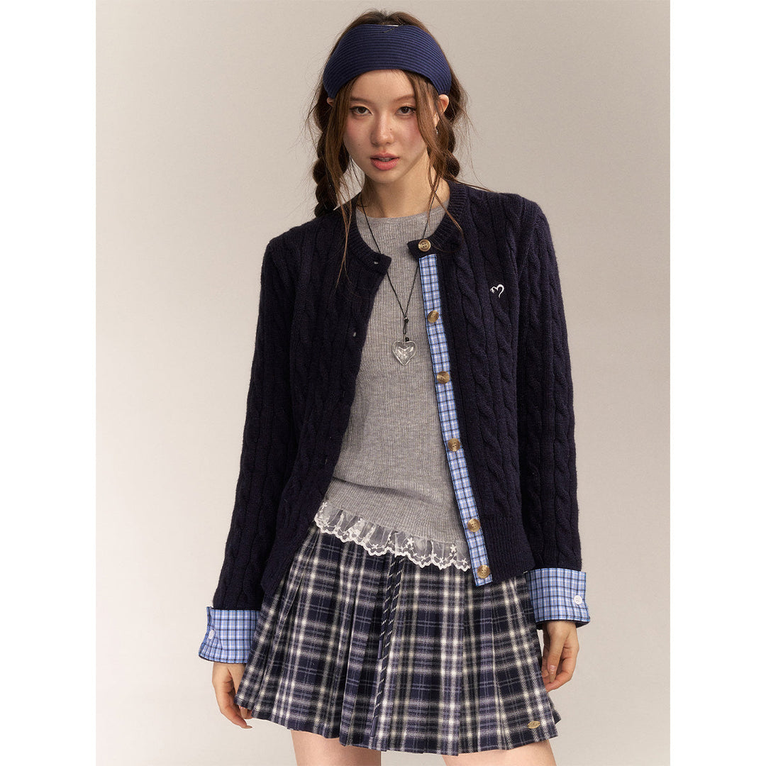 AsGony Blended Woolen Plaid Patchwork Knit Cardigan Navy Blue