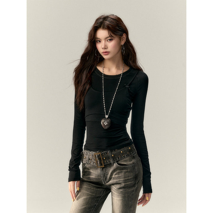 Via Pitti Bow-Knot Vest & Long Sleeve Slim Top Set Black