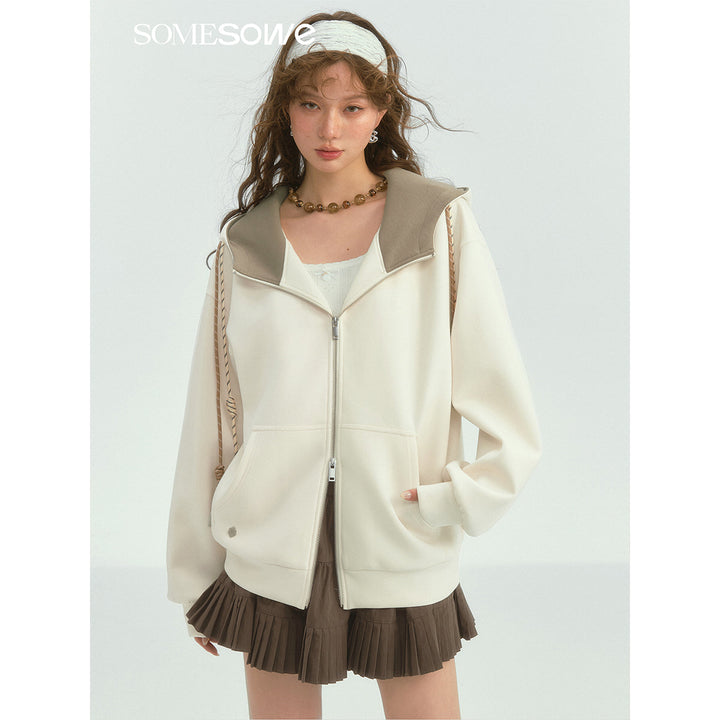 SomeSowe Contrast Color Drawstring Zip Up Hoodie Beige