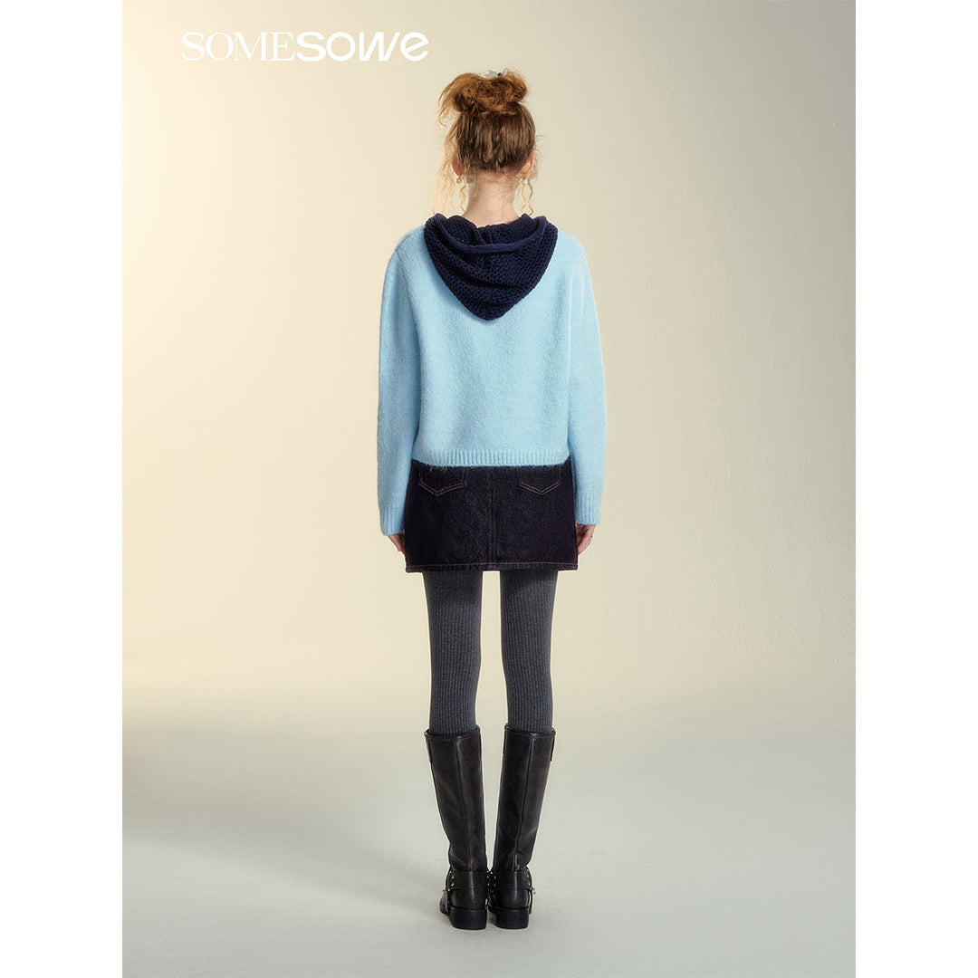 SomeSowe Hollow Out Hooded Knit Sweater Light Blue