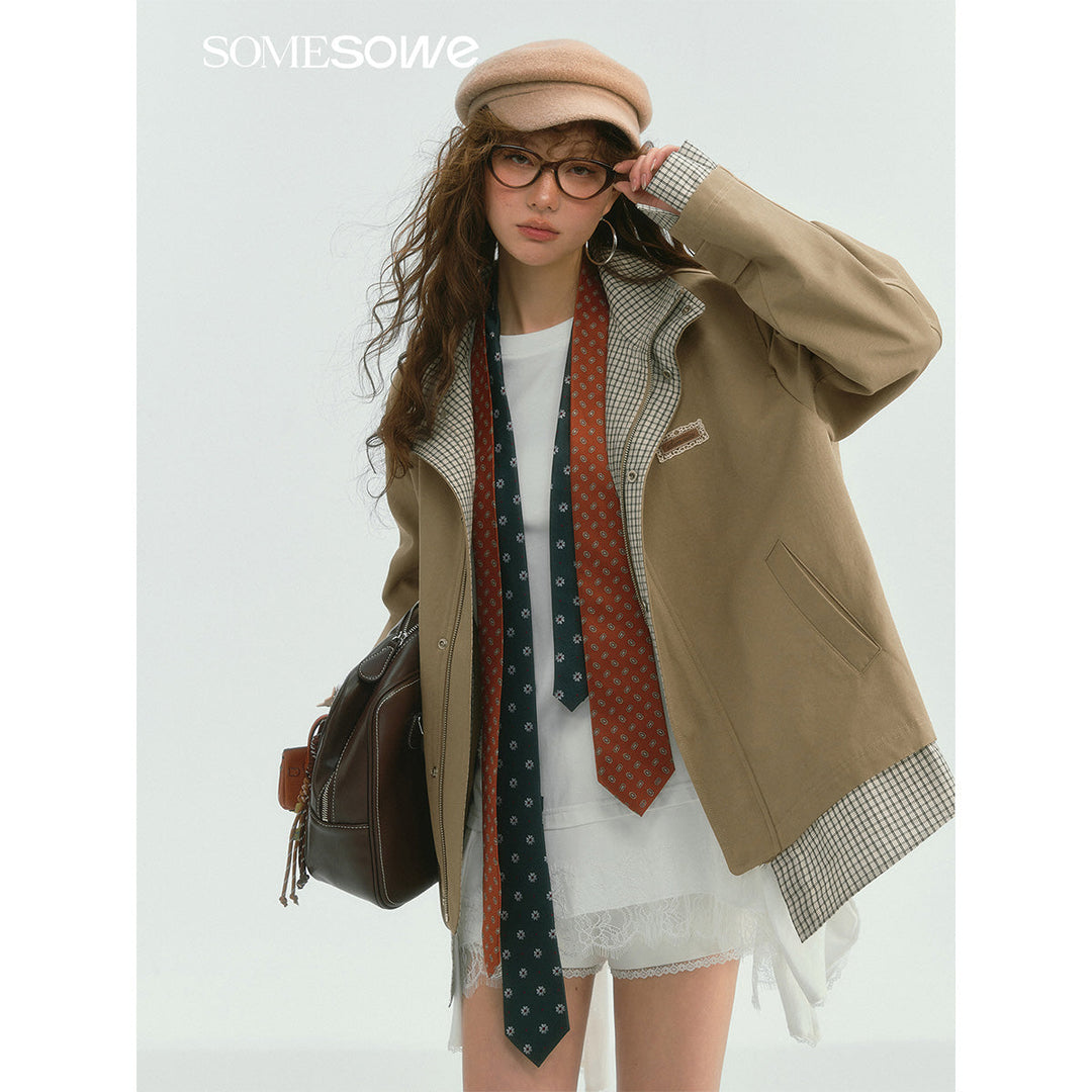 SomeSowe Plaid Patchwork Stand Collar Jacket Khaki