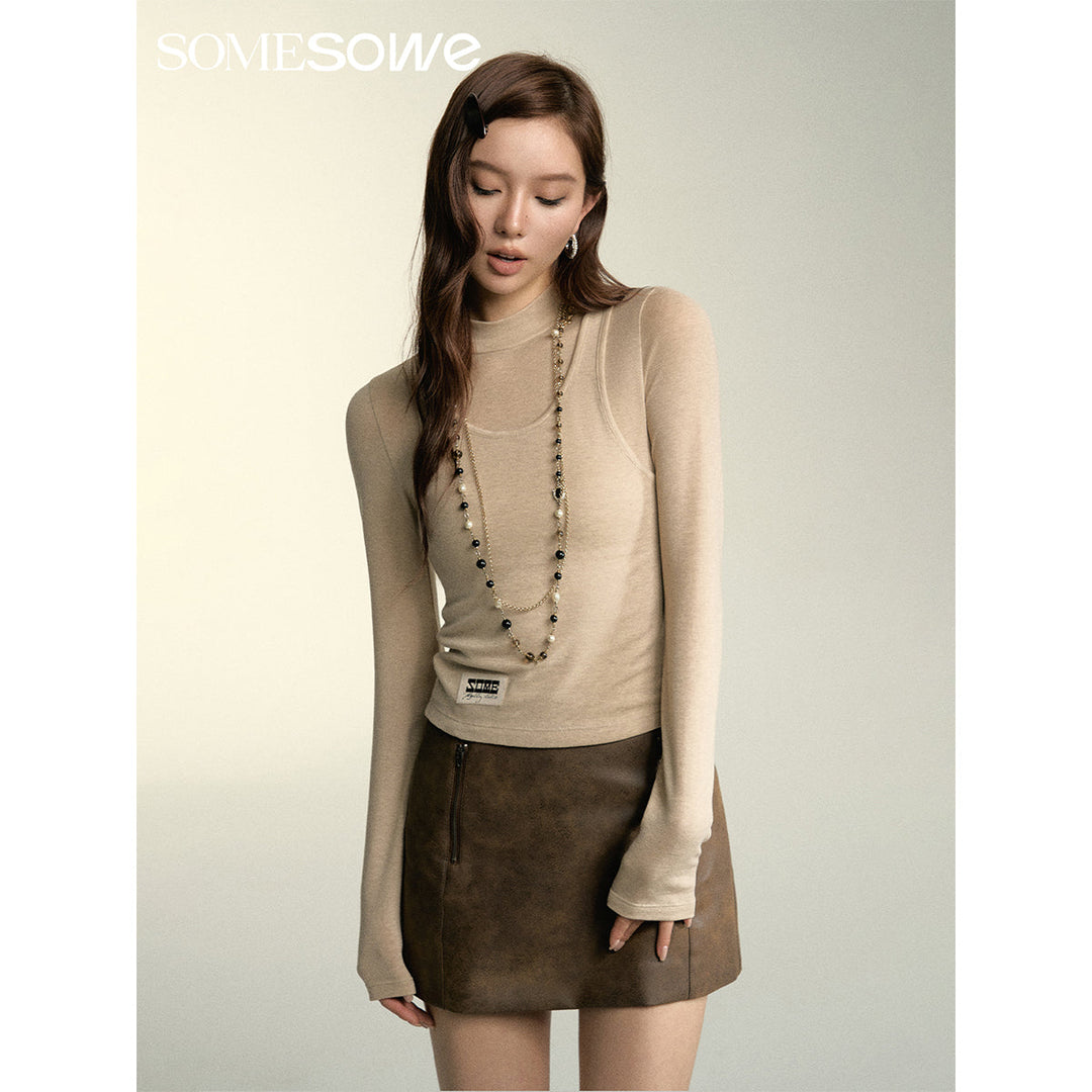 SomeSowe Turtleneck Fake-2-Piece Slim Woolen Top Khaki - Mores Studio