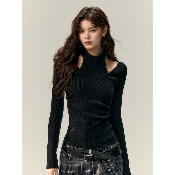 Via Pitti Fake-2-Piece Chocker Neck Waisting Woolen Top Black