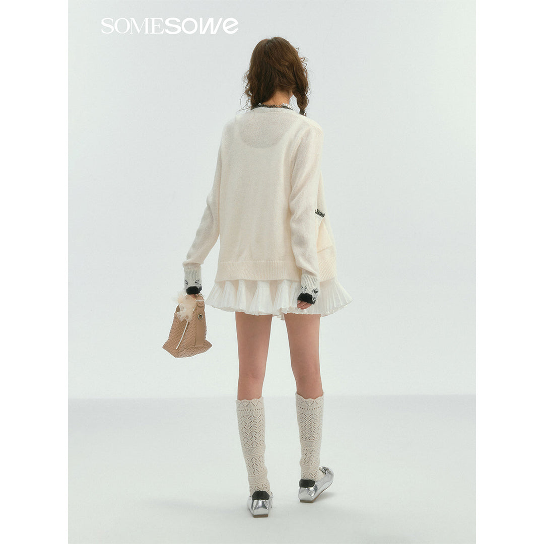 SomeSowe Color Blocked Lace Edge Knit Cardigan White